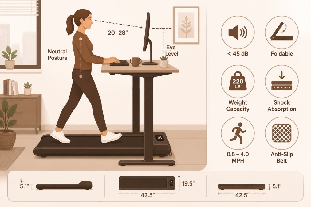 Professional working at ergonomic desk setup with compact treadmill visible underneath, showing proper posture with monitor at eye level and hands positioned on keyboard, natural office lighting from window