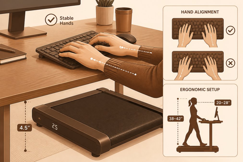 Close-up of hands positioned on keyboard with proper finger alignment, showing compact treadmill visible beneath desk surface, demonstrating stable hand positioning and ergonomic setup in bright home office
