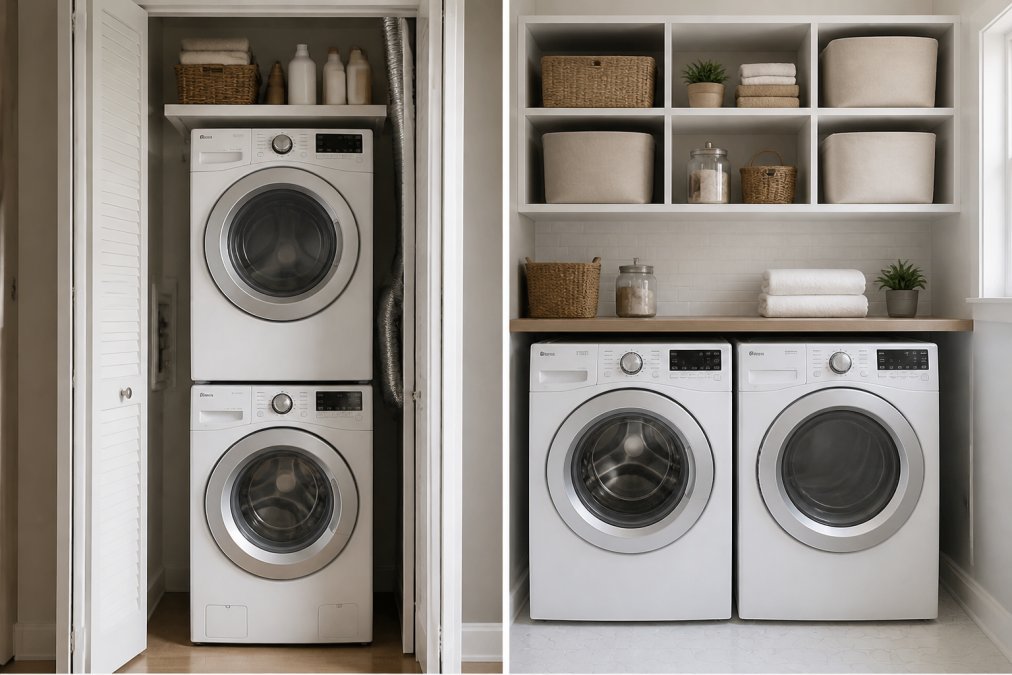 Compact front-load washer and dryer stacked vertically in a small apartment laundry closet, with organized shelving above and proper ventilation setup visible