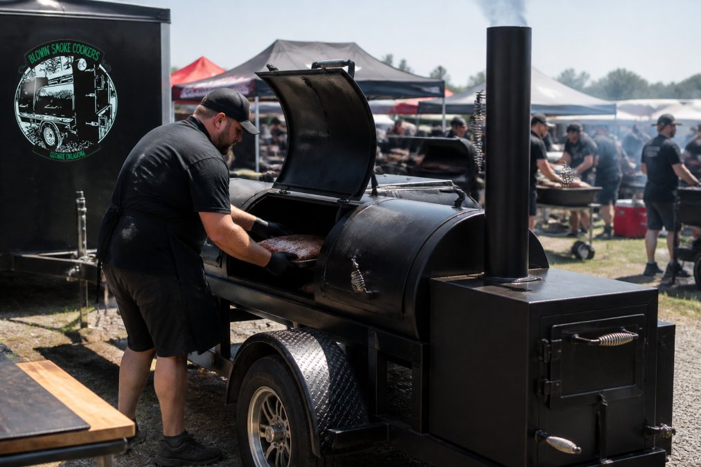 Pitmaster loading a large competition bbq smoker onto a trailer at an outdoor barbecue contest.