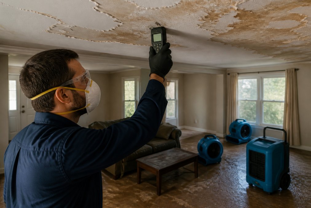 A restoration technician in protective gear using a moisture meter on a water-damaged ceiling while high-powered fans and a dehumidifier run in the background of a residential living room