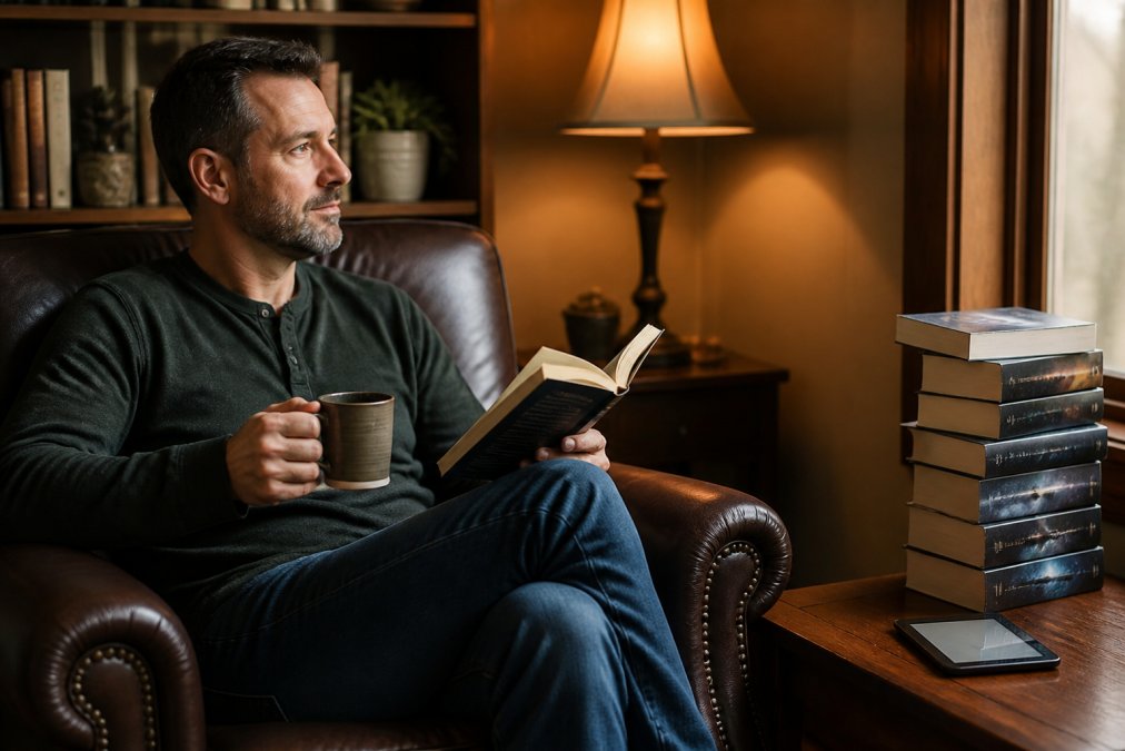 Person relaxing in a reading chair with complete science fiction book sets and an ebook reader nearby