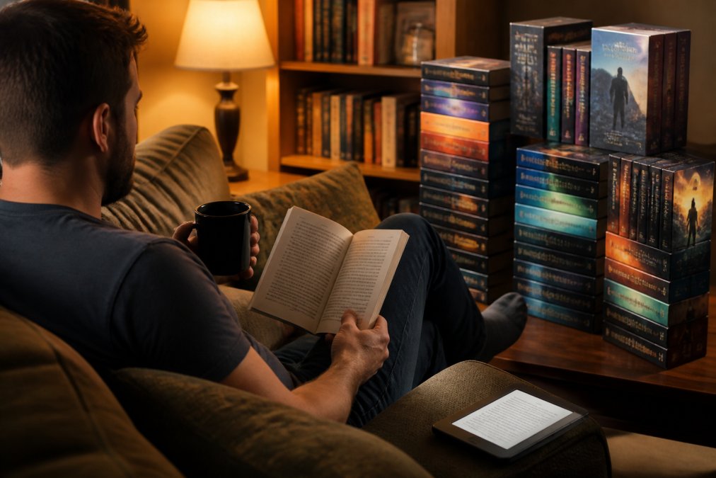 A reader relaxing on a couch surrounded by a neatly stacked collection of science fiction paperback box sets, a tablet showing an e-book open beside them, warm amber lamp lighting the scene