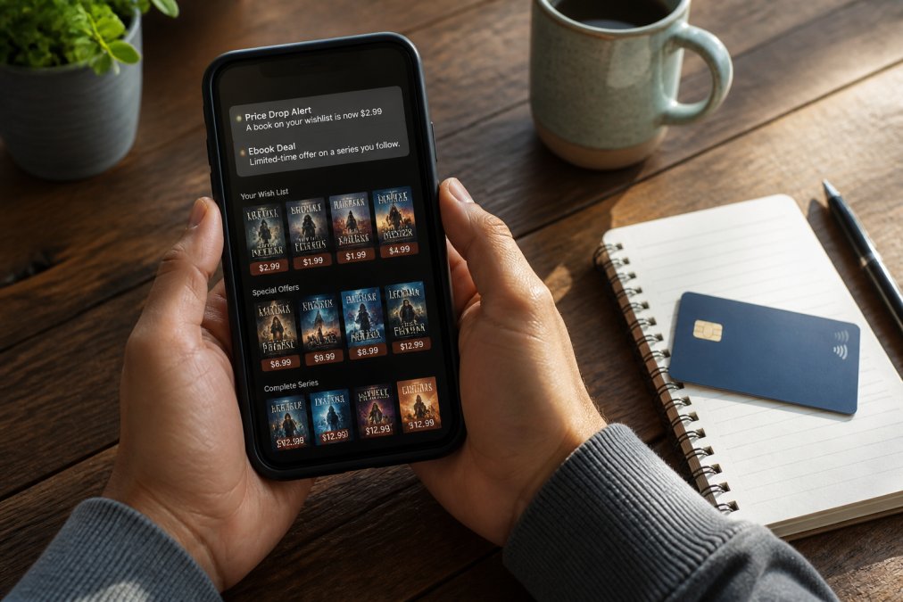 Close-up of hands holding a smartphone displaying an e-book store with price drop notifications visible on screen, a credit card and notebook nearby on a wooden desk with warm natural light