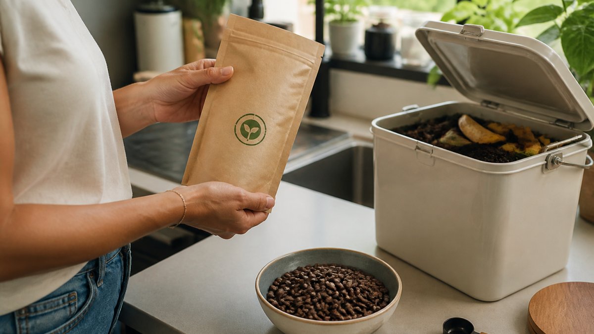 Hands holding a compostable coffee bag next to a home bin and a bowl of fresh beans in a bright kitchen