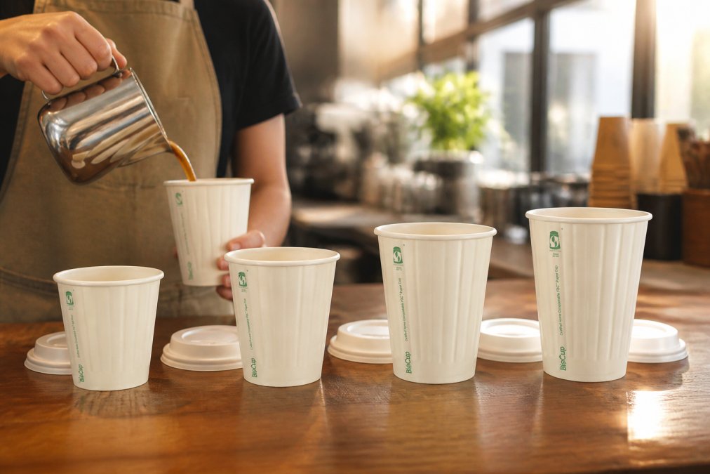 Arranged lineup of compostable coffee cups in various sizes (4oz, 8oz, 12oz, 16oz) with lids displayed on a cafe counter, barista pouring espresso into one cup, morning sunlight streaming through cafe windows