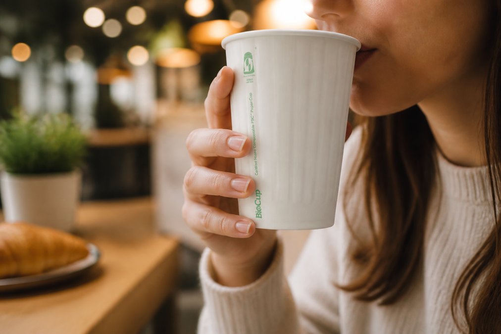 Close-up of a branded compostable coffee cup with cafe logo printed on white cup, held in customer's hands in a modern cafe setting with warm lighting and coffee being sipped