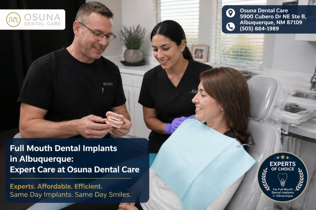 A friendly dental team at Osuna Dental Care reviewing a patient's 3D dental scan on a monitor in a modern, bright treatment room