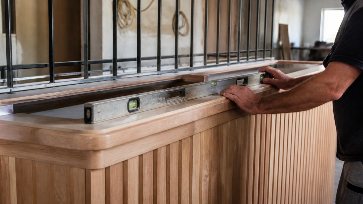 Close-up of a joiner's hands running a spirit level along a bespoke timber bar front in a restaurant fit-out, with a metalwork balustrade and unfinished first-fix wiring visible in the background