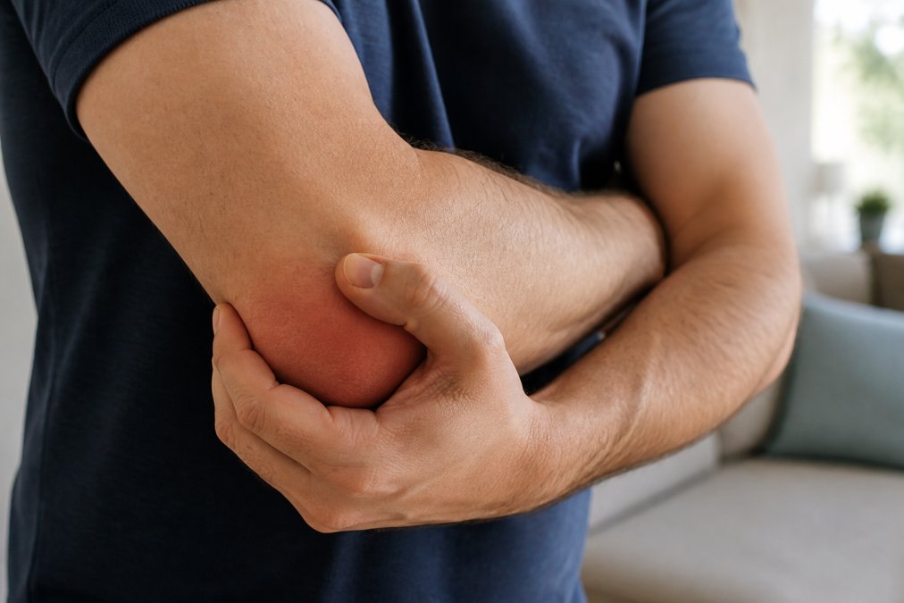 Close-up of a person's elbow showing visible swelling and inflammation in the lateral epicondyle region, with hand positioned to demonstrate area of discomfort