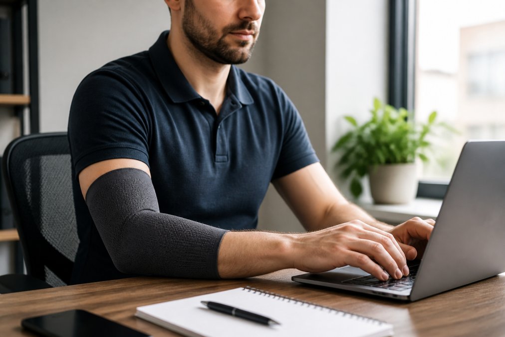 Person wearing elbow compression sleeve during office work, demonstrating proper fit and comfort while typing at a desk with natural lighting from window
