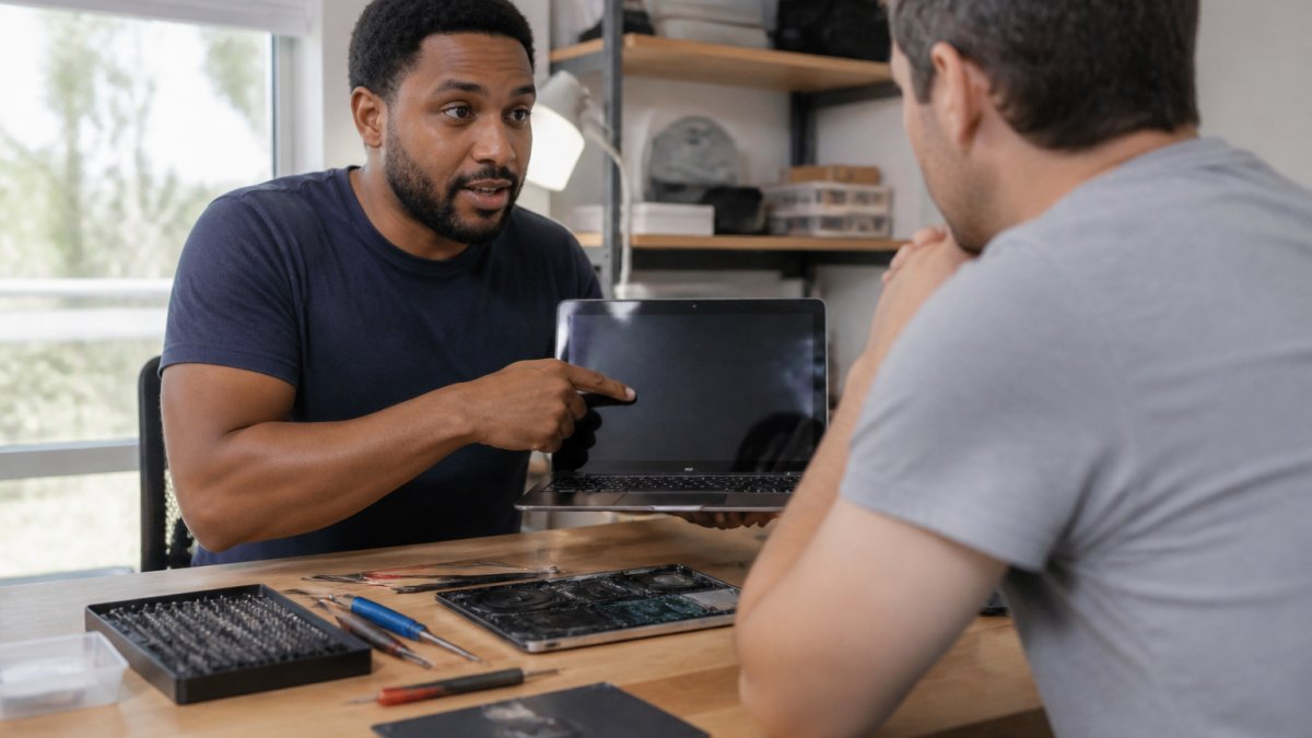 Technician explaining a laptop repair issue to a customer in a bright home office setting