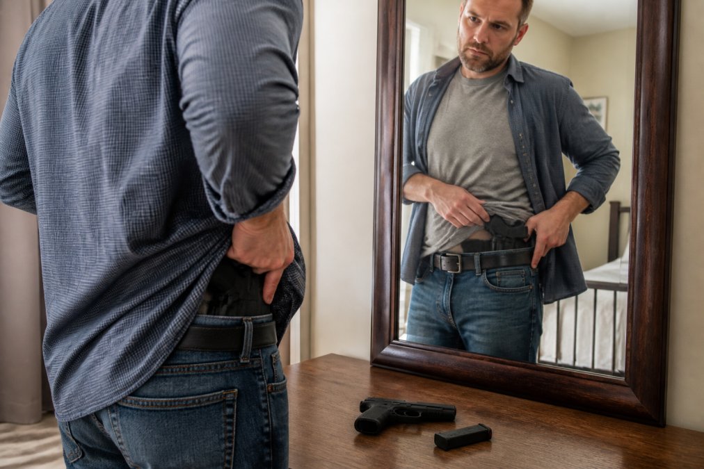 Diagram showing how to adjust holster cant and height for optimal concealed carry positions based on body type.