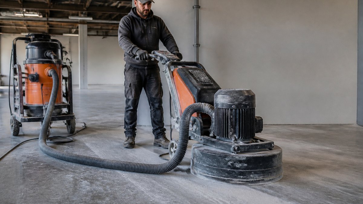 Professional demonstrating concrete grinder technique on large commercial concrete floor with dust shroud and vacuum extraction system in operation