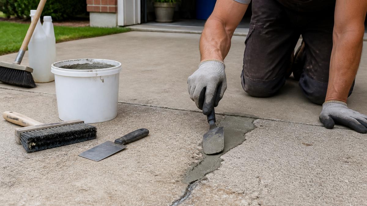 Professional using a trowel to apply gray concrete patching compound to fill a crack in a driveway.