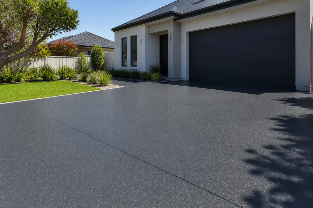 Freshly resurfaced driveway with smooth, polished charcoal grey finish in front of a modern home with landscaping and natural sunlight