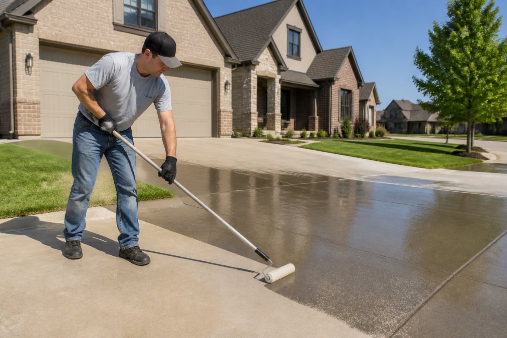 A professional concrete contractor applying sealer to a residential driveway with a roller, wearing safety gear, with a suburban Tulsa home in the background on a sunny day