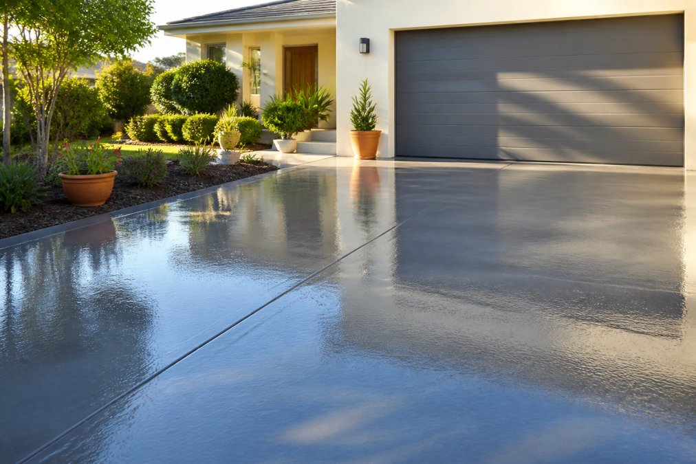 Close-up of a freshly sealed residential concrete driveway with a high-gloss wet-look finish reflecting afternoon sunlight, surrounded by a neat garden bed and terracotta pot plants