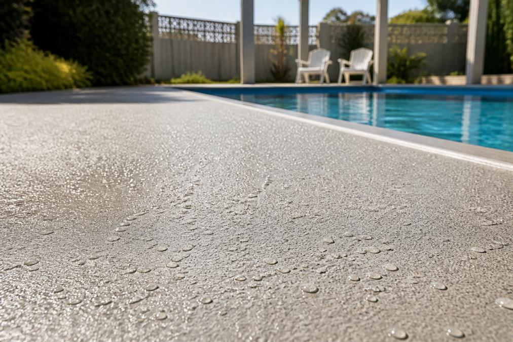 A clean, sealed concrete pool surround with visible textured non-slip surface, water droplets beading on the light grey concrete beside a backyard swimming pool in bright afternoon sunlight