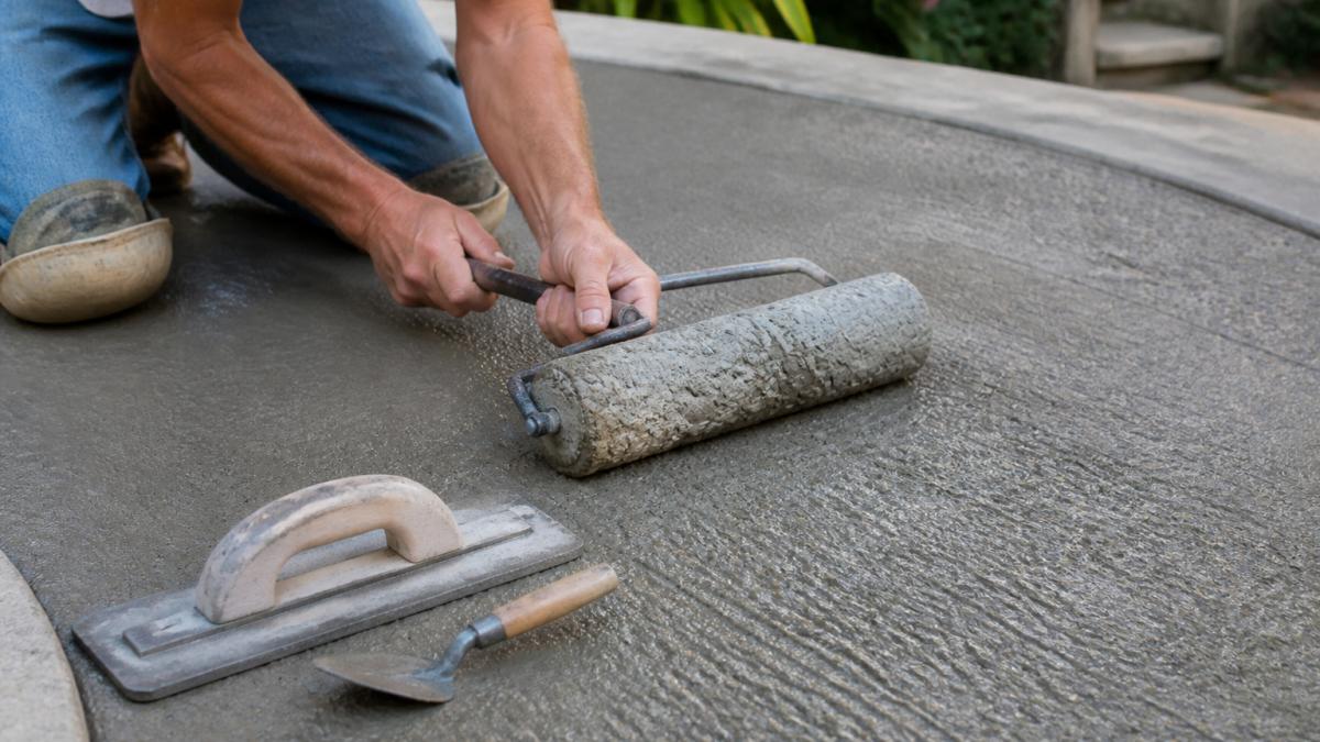 Hands pressing a texture roller into damp concrete with nearby concrete texture tools on a patio slab.
