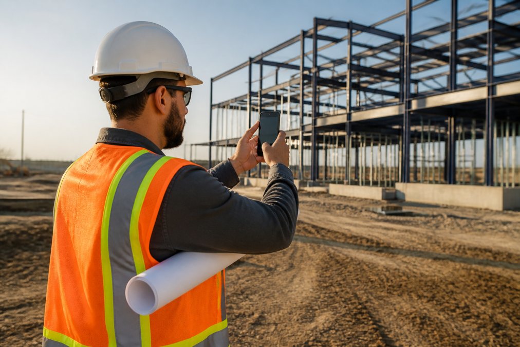 Field inspector on an active construction site holding an Android smartphone, photographing building progress with steel framing visible and blueprints rolled under one arm, morning sunlight casting shadows across the jobsite