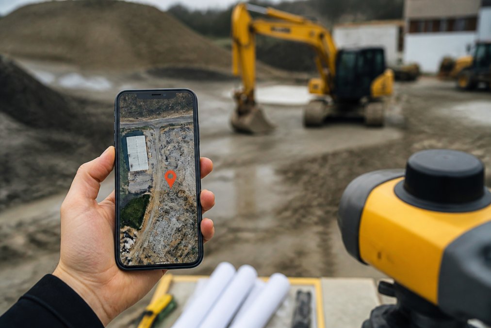 Close-up of a smartphone screen displaying GPS coordinates (latitude and longitude values) with a construction site map and location pin visible in the background, construction equipment blurred in the foreground