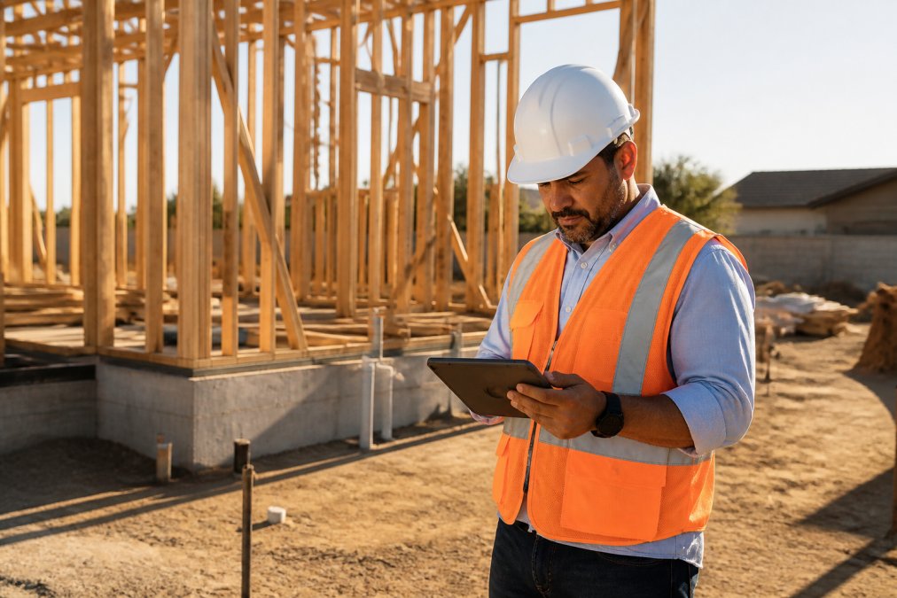 A construction site supervisor in a hard hat and safety vest reviewing project plans on a tablet while standing on a job site with framing in the background, morning light