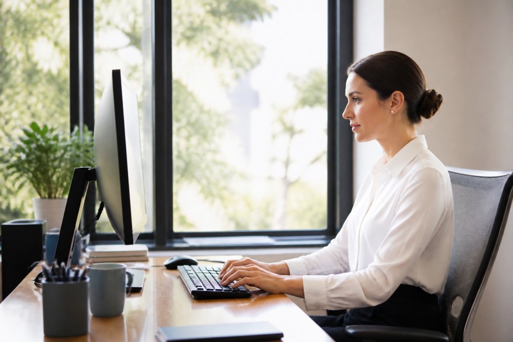Professional demonstrating proper ergonomic setup at desk with monitor at eye level, natural lighting, and correct posture while wearing contact lenses