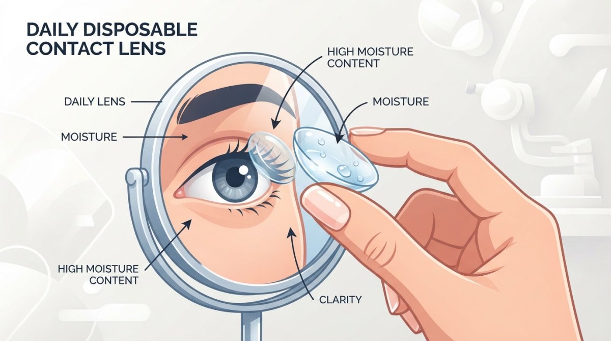 Close-up of a hand holding a daily disposable contact lens over a mirror, showing lens clarity and moisture on the surface