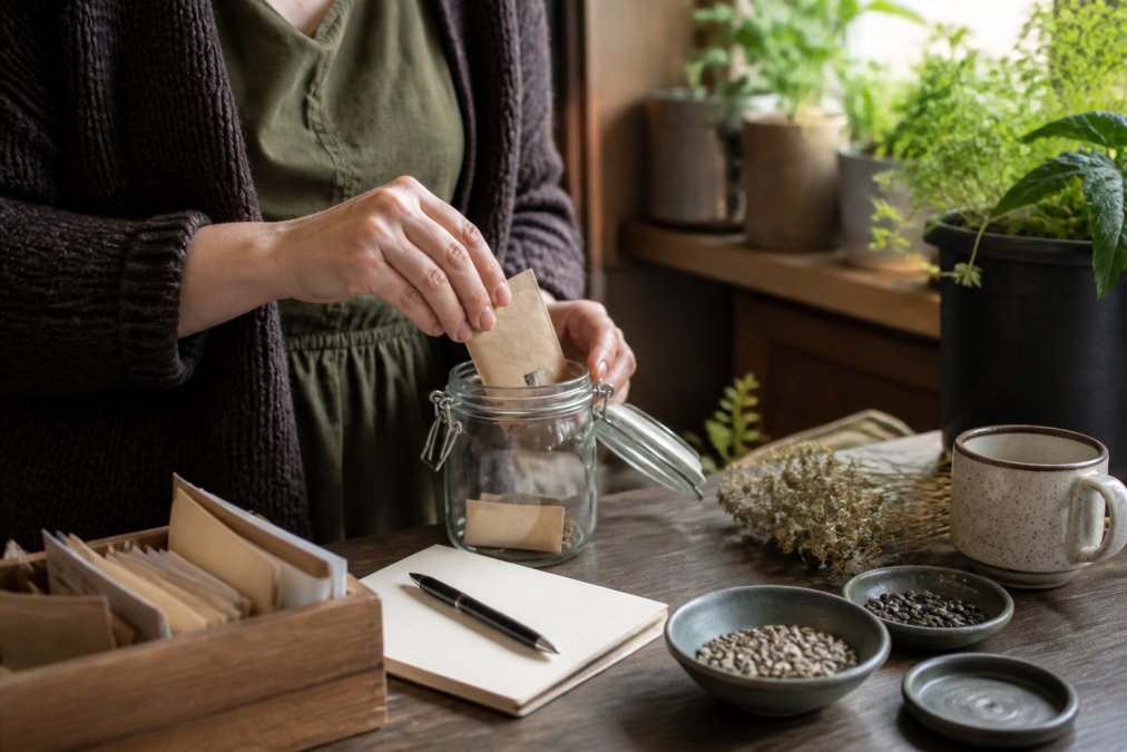 A close-up of a gardener's hands placing small labeled seed packets into a clean glass mason jar with a rubber-gasket lid, on a wooden kitchen counter with a notebook and pen nearby