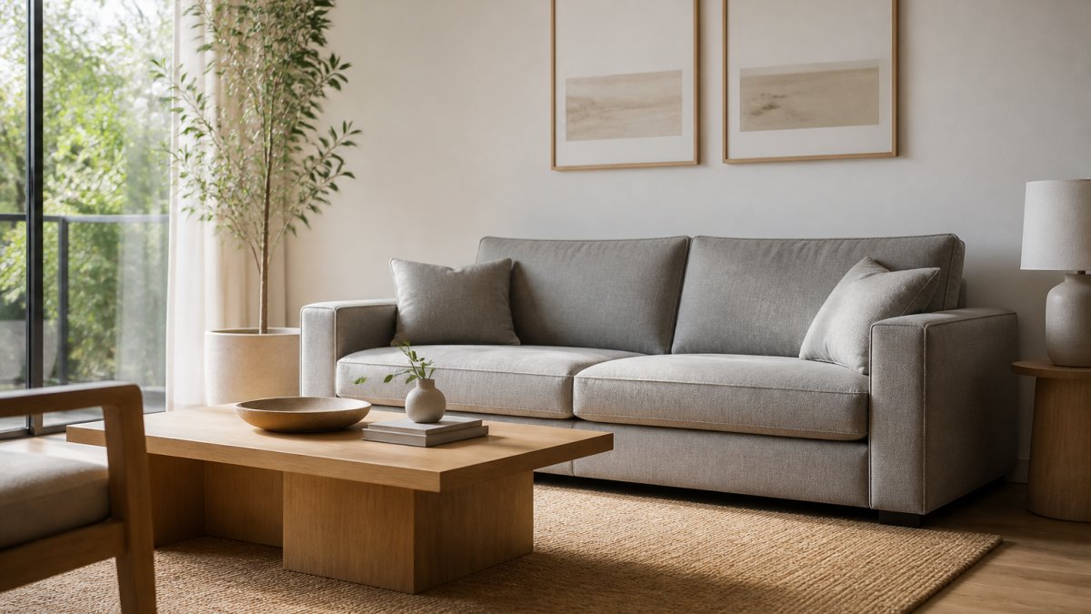 Bright airy living room with a light grey sofa featuring clean lines, simple wooden coffee table, and minimal wall décor, soft natural lighting from large windows