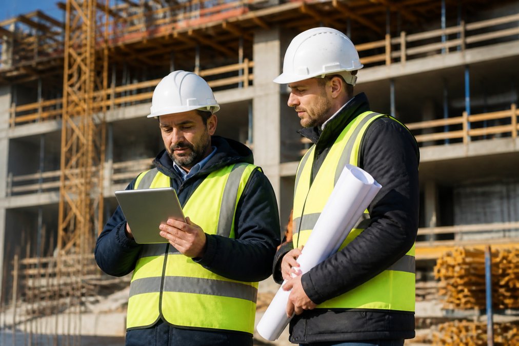 A contractor in a hard hat reviewing a tablet on a construction site while a colleague stands nearby with rolled blueprints under natural daylight