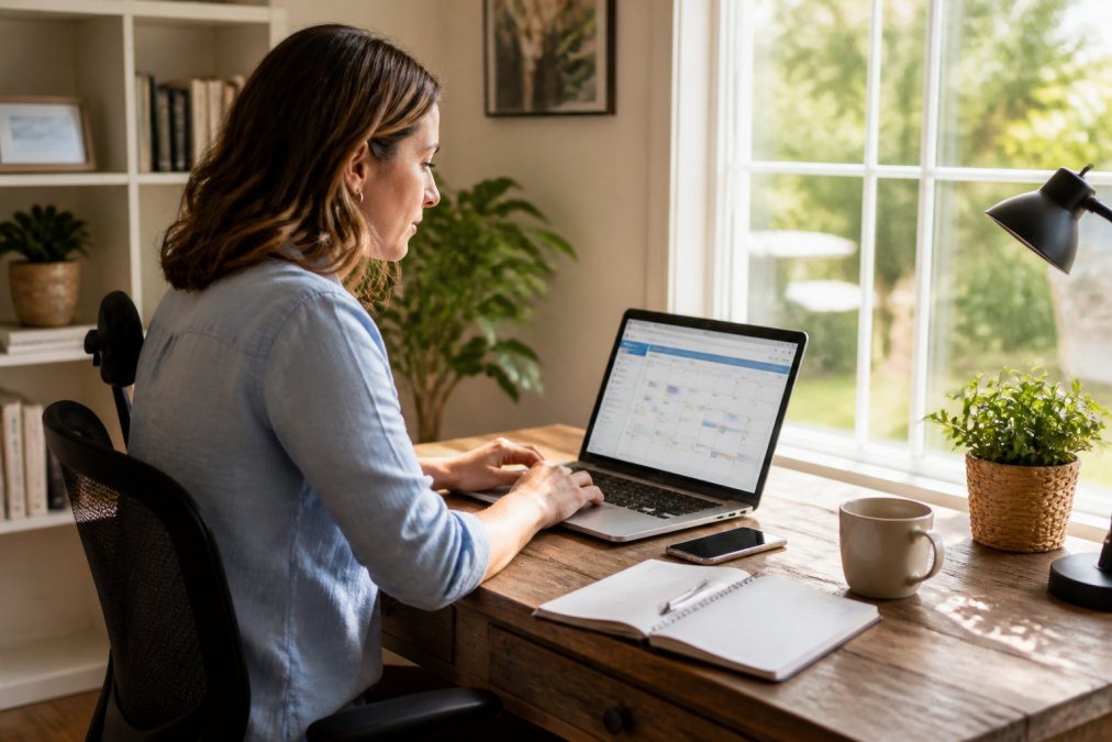A property manager sitting at a desk with a laptop open to a scheduling calendar, phone resting nearby, in a tidy home office with natural light from a window