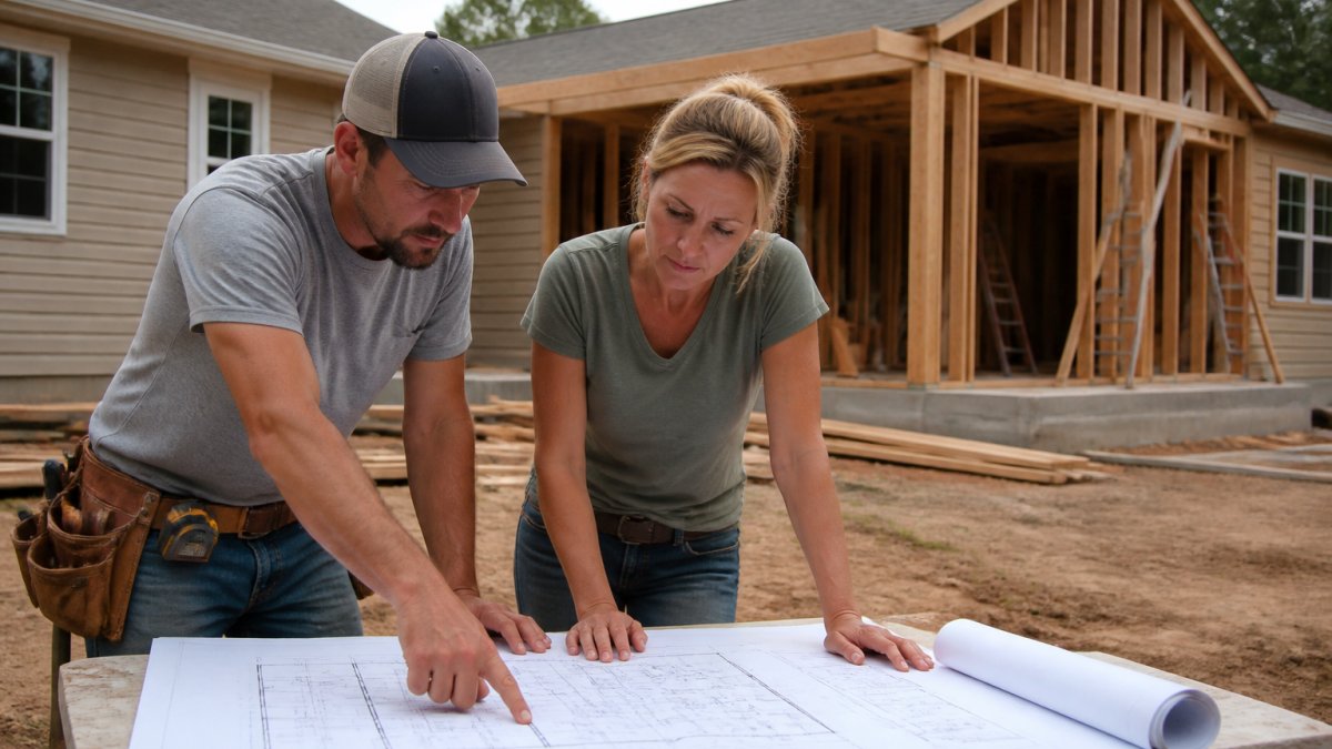 Contractor and homeowner reviewing architectural blueprints together at a jobsite with a partially completed home addition visible in the background