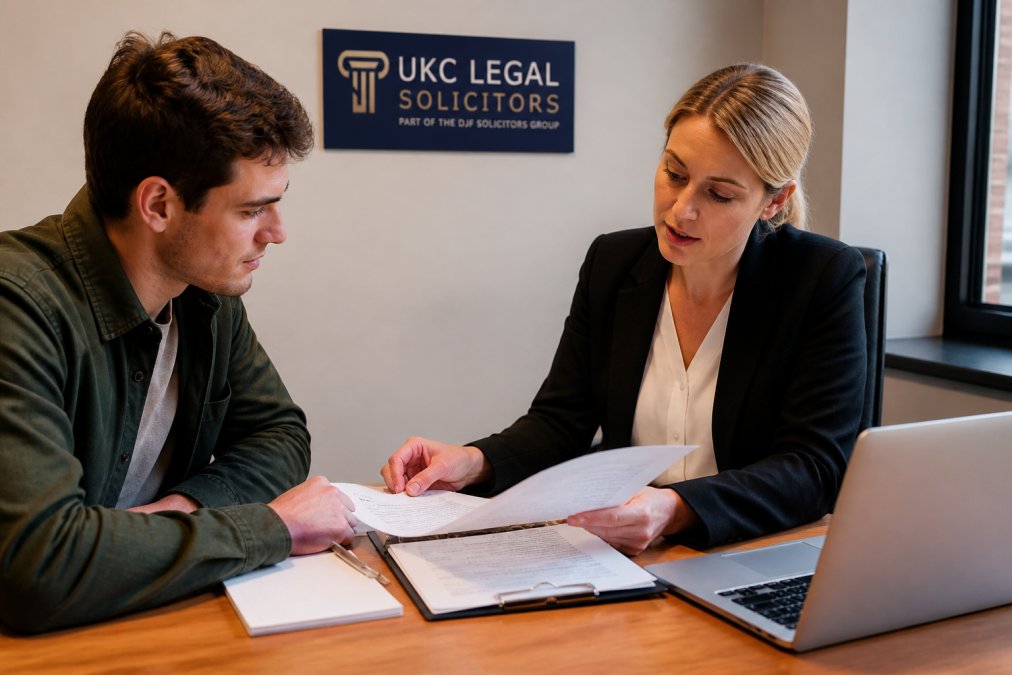 First-time buyer sitting at desk with conveyancing solicitor, reviewing property documents and mortgage paperwork together in professional office with laptop and notepad visible