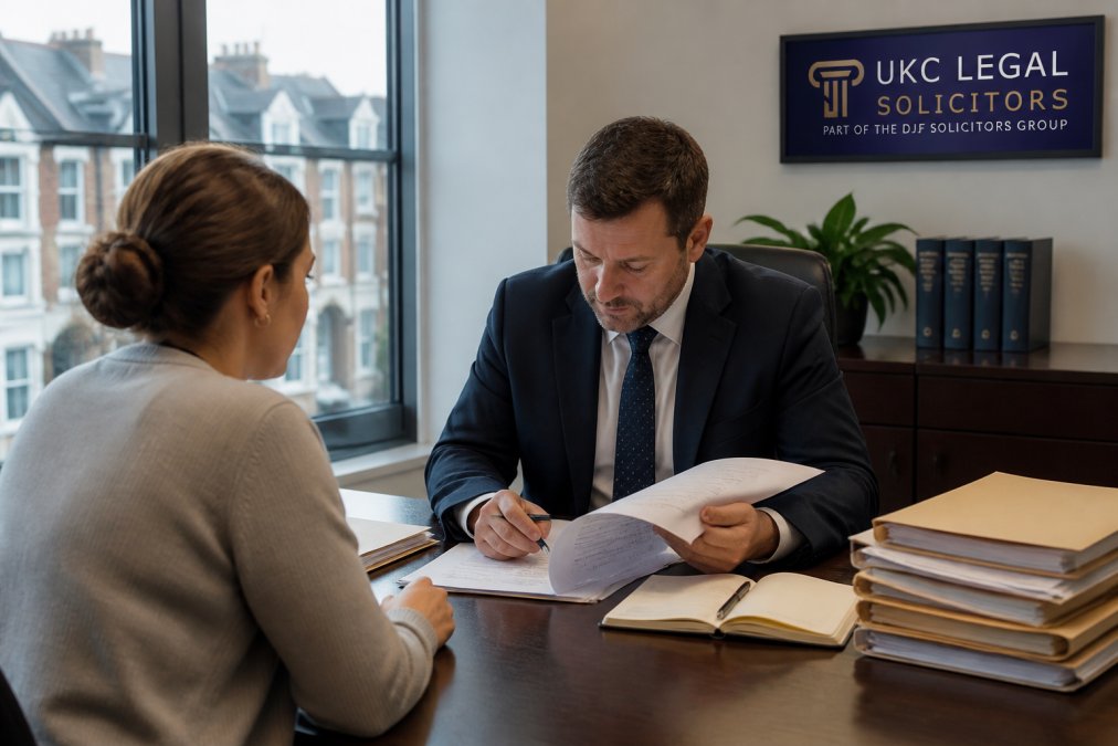 A solicitor in a professional office setting reviewing property documents with a client seated across the desk, natural light from a large window illuminating stacks of legal files and a notepad between them