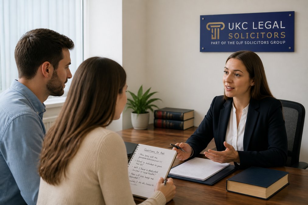 A young couple seated across a meeting table from a solicitor, one partner holding a notepad with handwritten questions, all three engaged in conversation in a bright, modern law office