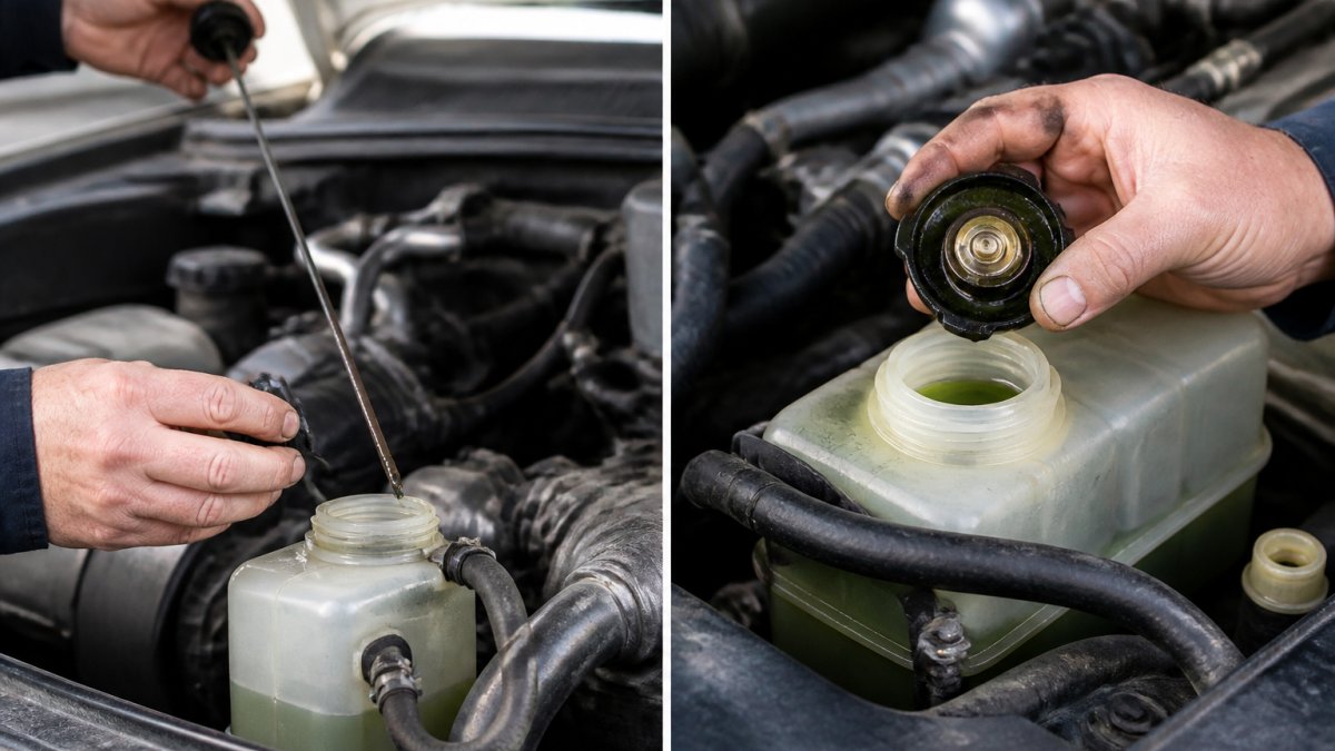 Technician checking the fluid levels in a diesel RV engine to determine the best coolant for diesel RV engines