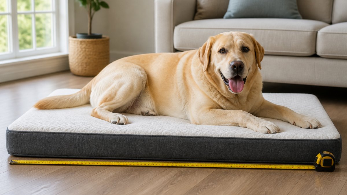 A large dog resting comfortably on a memory foam bed in a bright living room, with a measuring tape laid beside the bed to show the sleeping surface size