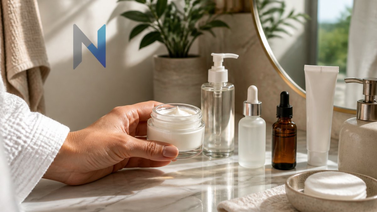Close-up of a person's hand holding a copper peptide cream jar next to other skincare products on a bathroom counter, with morning light streaming in