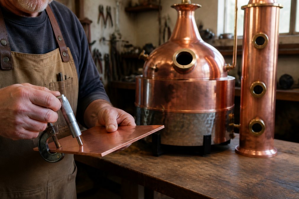 Craftsman measuring the copper thickness for stills using a micrometer on a workbench with a boiler and column.