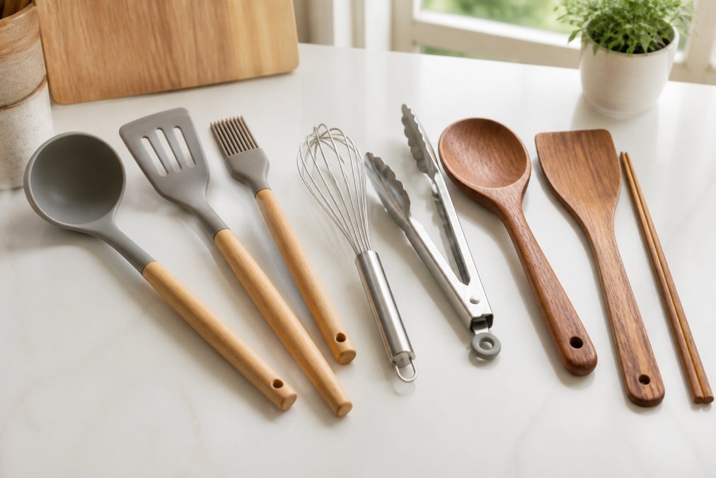 A flat-lay photo of assorted high-quality kitchen utensils made of silicone, stainless steel, and wood arranged neatly on a clean white countertop, bathed in soft natural window light