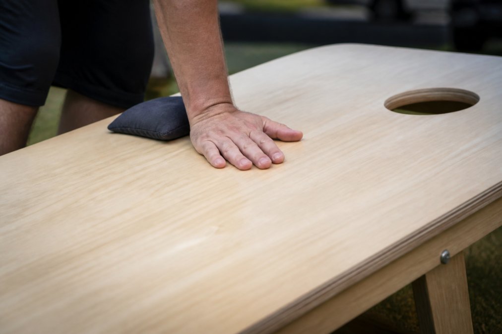 Close-up photograph of a player's hand pressing firmly on the center of a Baltic birch cornhole board top, showing the solid, flex-free playing surface with visible cross-grain construction and a bag resting nearby on the board