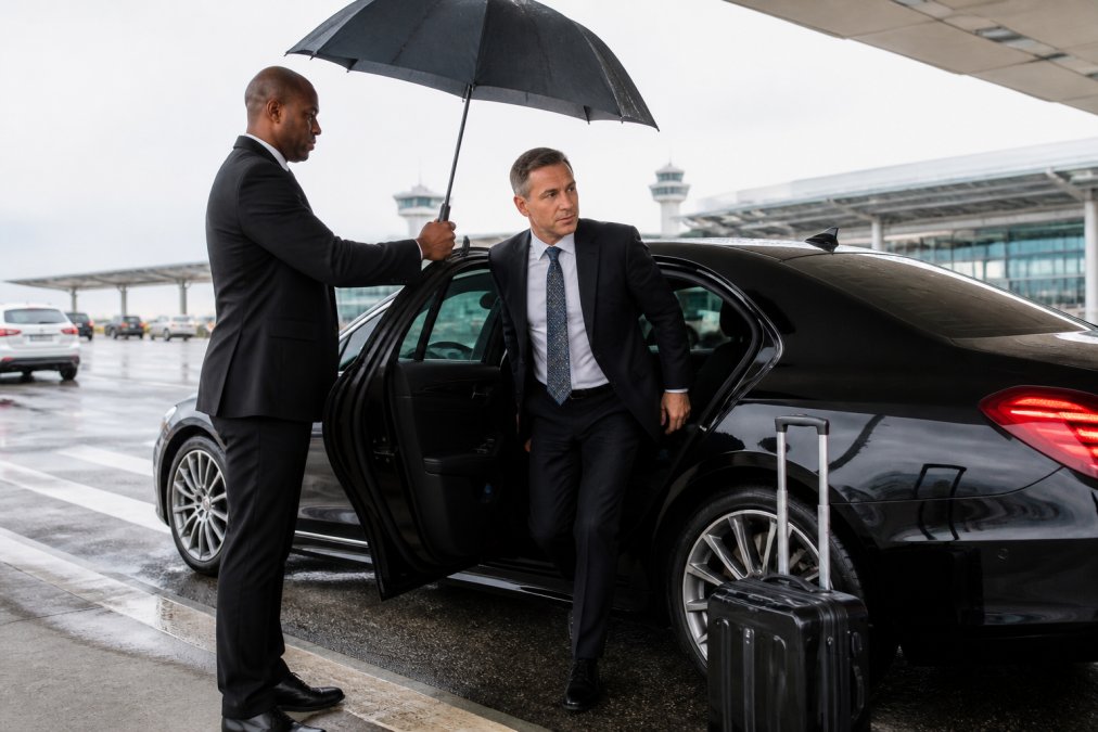 Chauffeur holding an umbrella for an executive using a corporate car service at the airport