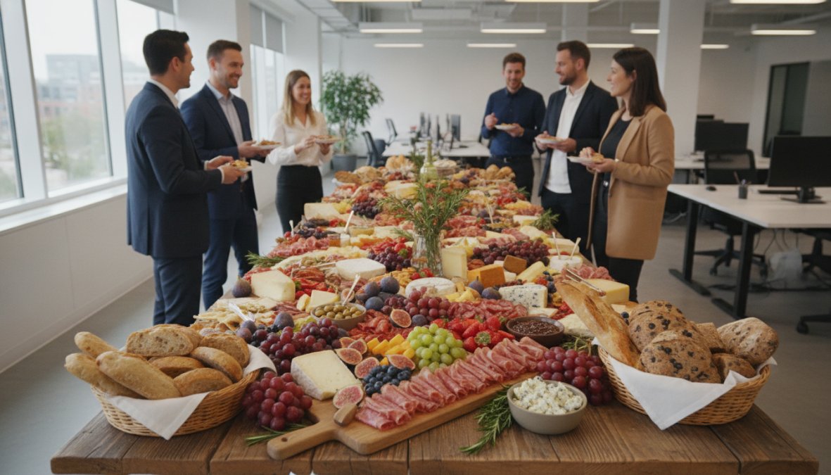 Beautifully arranged grazing table at modern office event featuring fresh seasonal fruits, artisan cheeses, cured meats, and colorful vegetables with natural office lighting