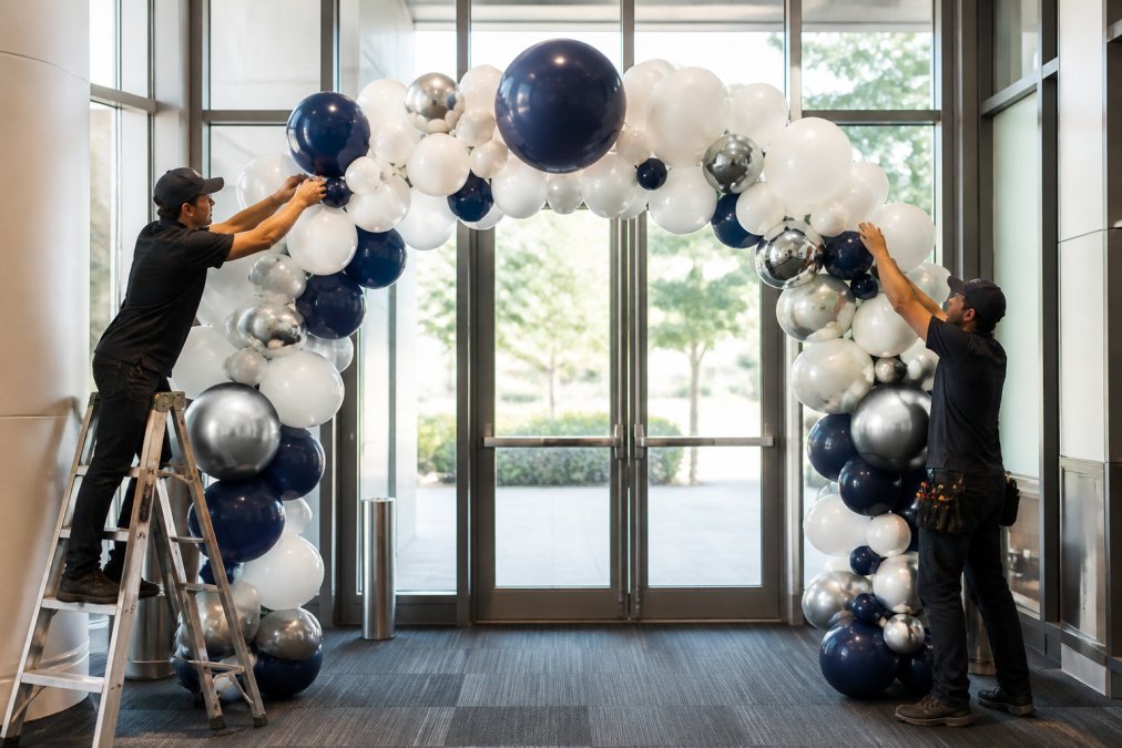 Professional event staff installing a custom branded balloon archway at a corporate venue entrance, adjusting balloon positions with precision tools, natural daylight streaming through glass doors