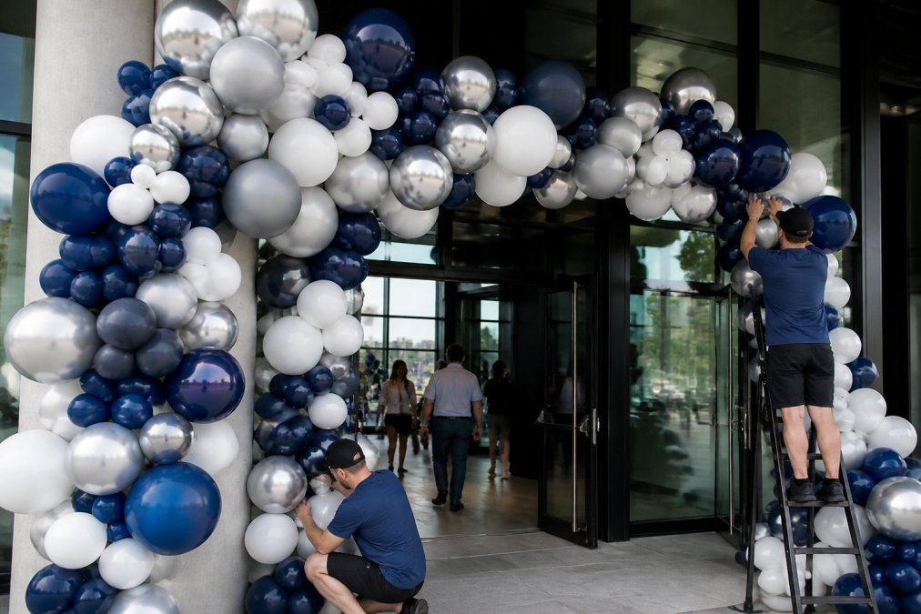 A grand opening venue entrance transformed with floor-to-ceiling branded balloon installation in corporate colors, with event staff making final adjustments while guests begin arriving in the background