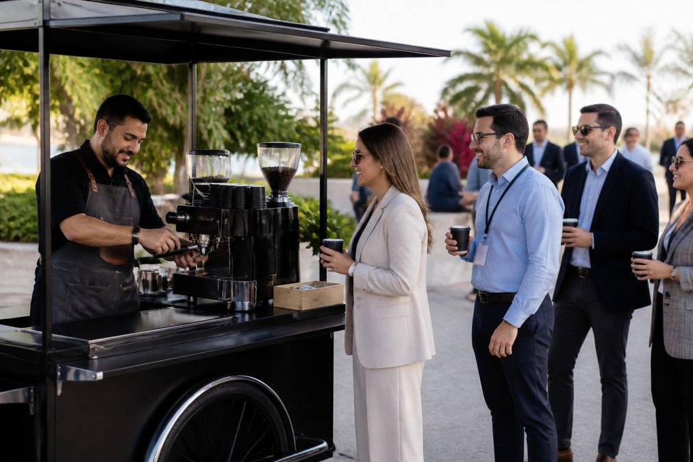 A professional barista in a branded apron pulling a double shot of espresso on a sleek mobile espresso cart at an outdoor corporate event, with a small line of attendees in business casual attire waiting and holding branded cups