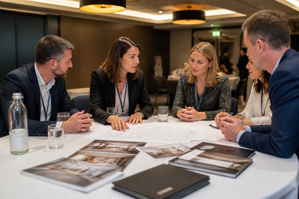 A professional event coordinator discussing plans with a group of engaged corporate delegates in a well-lit conference room, branded materials and a venue floor plan visible on the table, warm overhead lighting