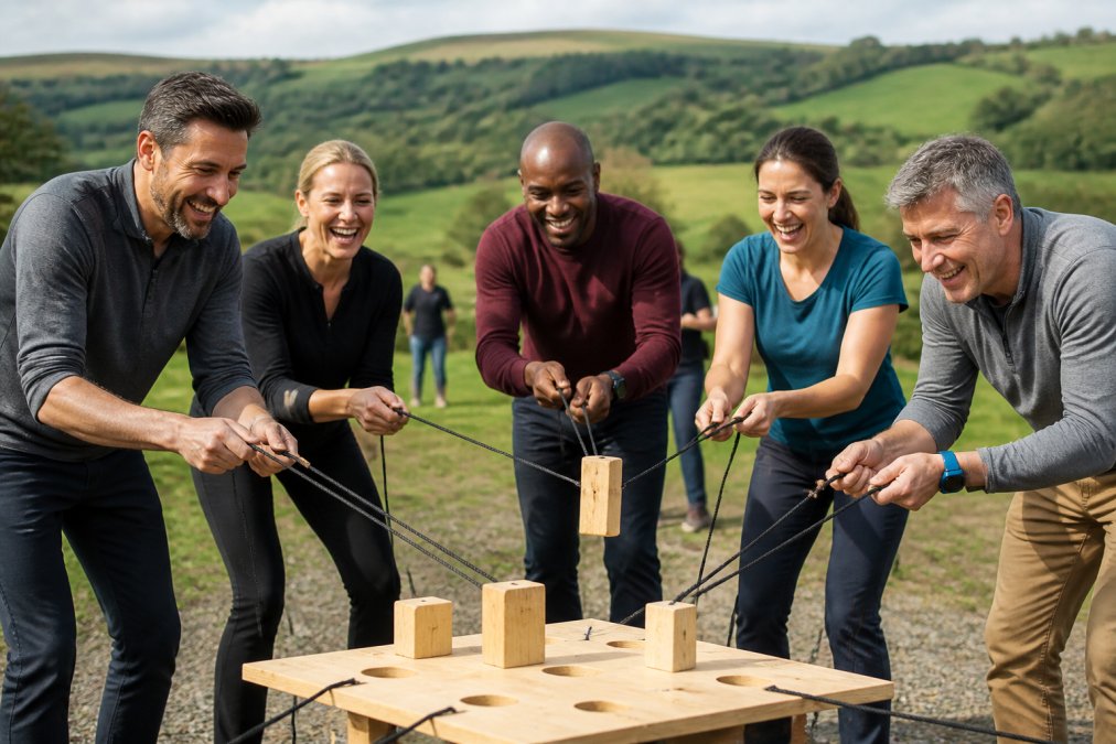A diverse group of corporate employees laughing and collaborating during a problem-solving outdoor challenge in a green UK countryside setting, wearing casual business attire, bright natural daylight